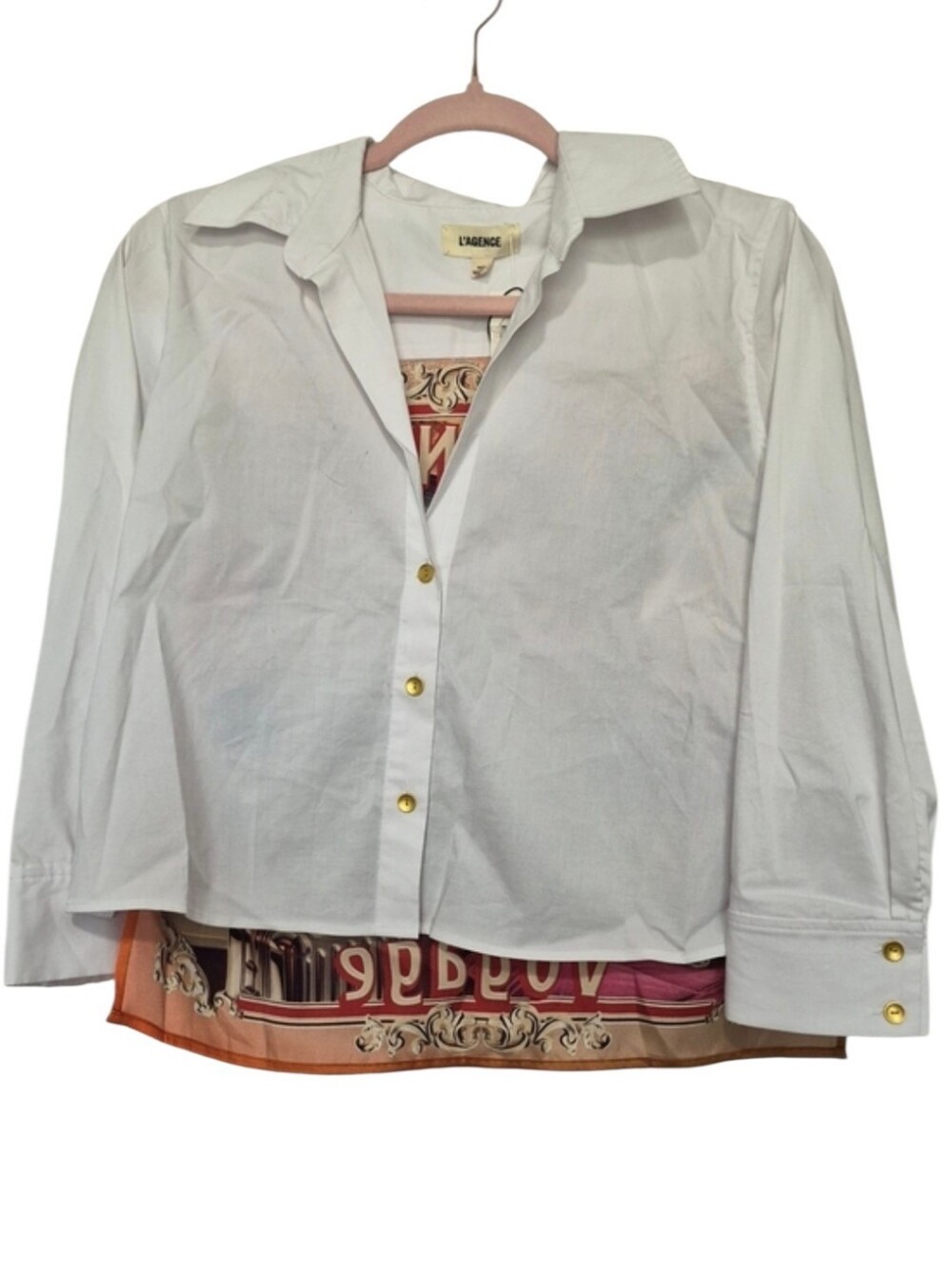 L'AGENCE Voyage White Button Down Shirt Scenic Print Back Size XS NWT